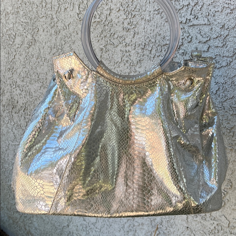 Silver Metallic Shiny Snakeskin Patterned Women's Shoulder Bag Purse Pocketbook - Picture 9 of 10